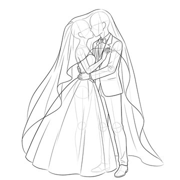 Hand drawn sketch of wedding couple base kissing under veil front view isolated on white. Technical line art.