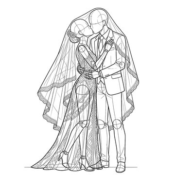 Hand drawn sketch of wedding couple base kissing under veil 3/4 view isolated on white. Technical line art.