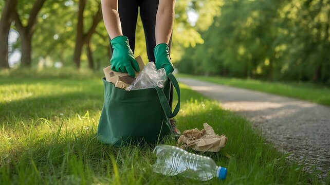 Volunteer wearing green gloves collecting plastic litter and trash from a park path into a green reusable bag to promote environmental conservation