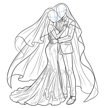 Hand drawn sketch of wedding couple base groom wrapped in veil 3/4 view isolated. Technical line art.