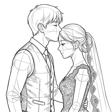 Hand drawn sketch of boho groom kissing bride forehead profile.