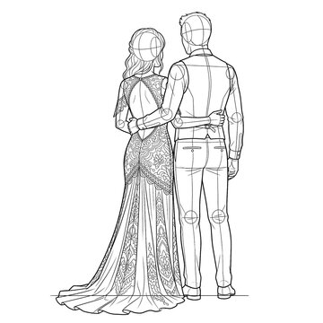 Hand drawn sketch of boho couple looking away back view.