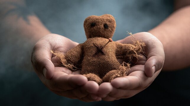 Close up of hands cradling a rag doll with black eyes and cross stitch