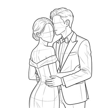 Hand drawn sketch of elegant couple whispering 3/4 view.