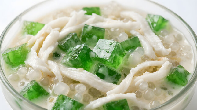 Coconut samalamig (Filipino sweet chilled drink desserts with gulaman agar jellies) or the buko pandan, in a glass bowl on white background. Taken close up for a clearer view good for menus