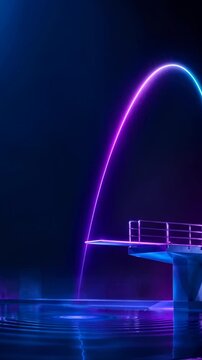 Glowing neon arc above diving platform and pool. Diving trajectory and aquatic sport concept, copy space for text
