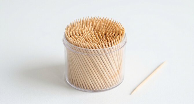 Container of Wooden Toothpicks &ndash; Cylindrical Holder with Pointed Sticks and Single Piece on White Surface for Hygiene, Food Handling, Minimalist Everyday Object, and Product Photography Design