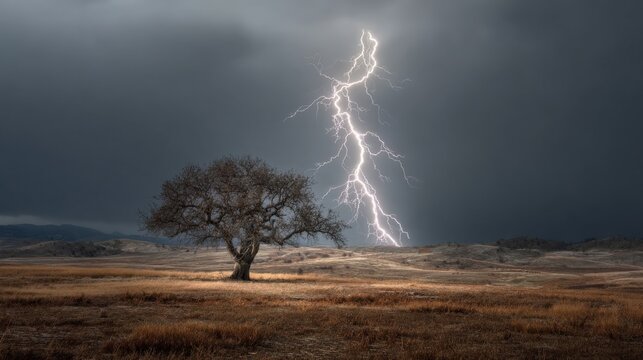 A lone tree stands beneath a dramatic lightning strike