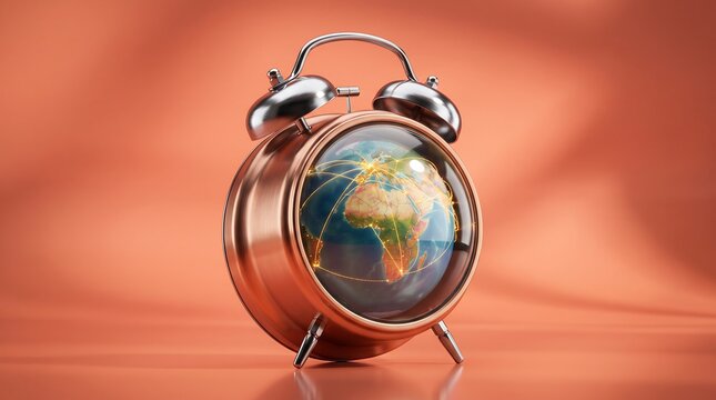 Vintage Copper Alarm Clock with Glowing World Map Globe Face Showing Global Network Connections, 3D Concept for Time Zone, Global Business and Travel Deadline