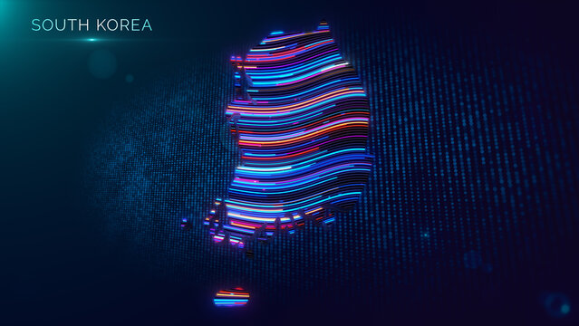 Futuristic South Korea map features vibrant flowing neon lines and dimensional extrusion, surrounded by a blue particle grid with atmospheric glow and the country name displayed above.