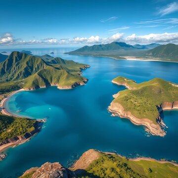Panoramic aerial view of Maconde Bay with viewpoint and mountain range in the background, blue waters, aerial photography