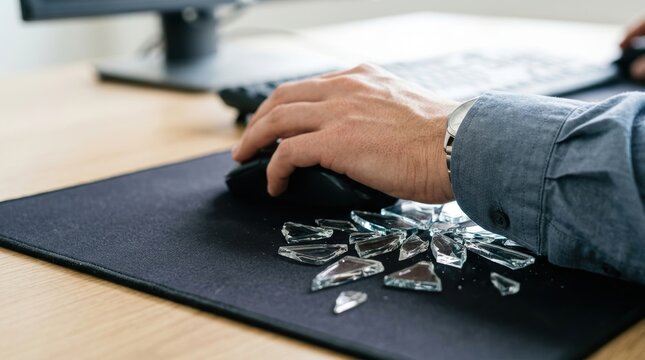 A person's hand holding a computer mouse over shattered glass on a desk office syndrome