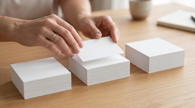 A person placing a blank white card on of a stack of paper cards on a wooden desk surface ad social media download thambnail poster web template event festival 2026 2027 2028