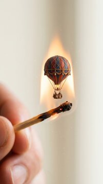 Miniature hot air balloon emerging from a burning match flame