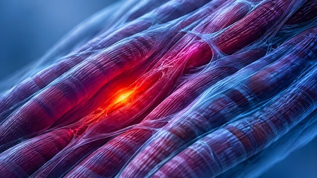 Microscopic 3D view of torn muscle fibers with glowing red center representing cellular inflammation and injury