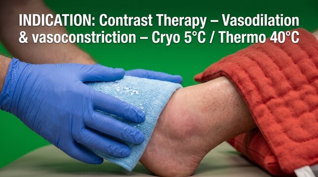 Physical therapist applying cryotherapy cold gel pack to patient's knee for vasoconstriction and pain relief