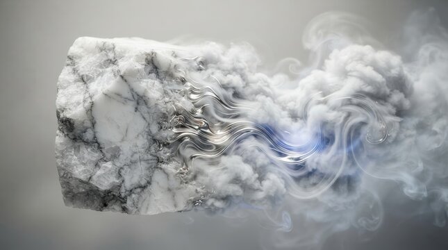 Marble stone transforming into liquid silver and smoke clouds