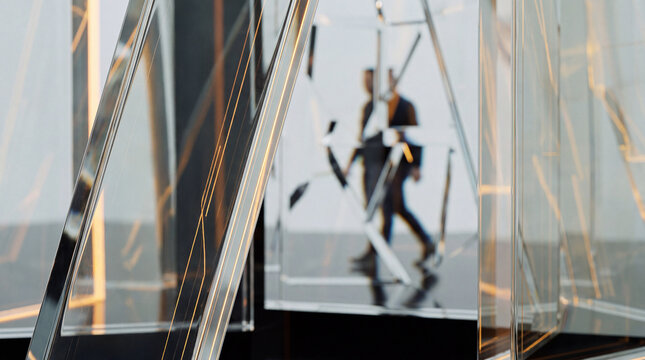 Tilted 3D glass panes reflecting a blurred walking silhouette