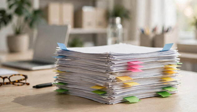 Overworked messy data documentation pile with bookmark sticky notes, corporate tax legal files storage management, project planning audit and office workspace bookkeeping photography