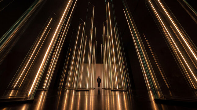 Converging glass 3D panels rendered in warm vortex light