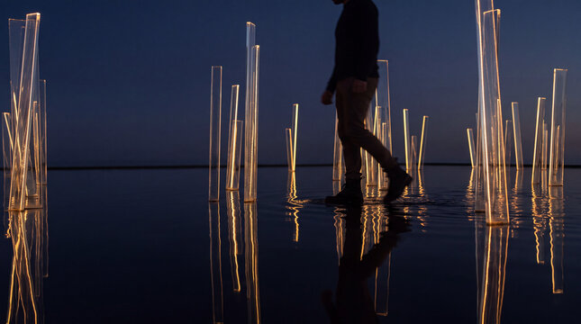 Glowing 3D light rods rising from still water at dusk