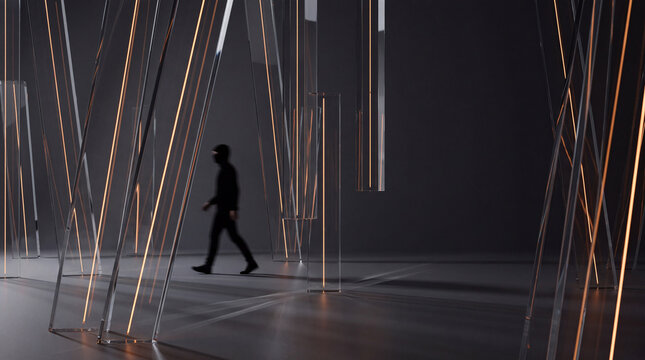 Angular 3D glass fins rendered with warm vertical light streaks