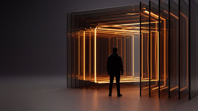 Nested 3D glass frames glowing amber around a still silhouette