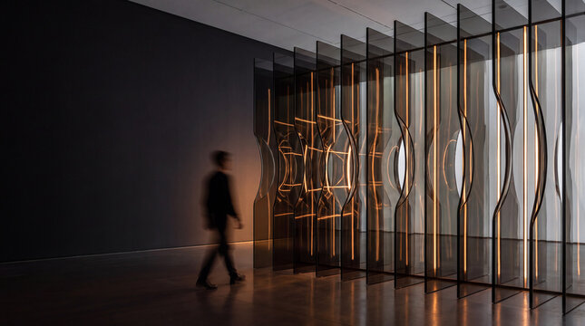 Row of wavy 3D panels lit by warm hourglass shaped light