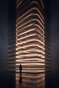 Monolithic 3D light tower rendered in stacked golden bands
