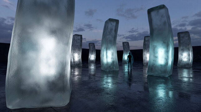 Icy 3D monoliths glowing under a dusky blue sky