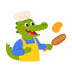 Naklejka premium Smiling crocodile chef wearing an apron and tossing food while cooking.