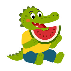 Fototapeta premium Happy crocodile sitting and enjoying a large slice of fresh watermelon.