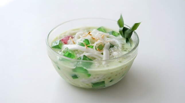 Medium shot of popular Philippine buko pandan samalamig with various squishy and bouncy colorful gulaman (agar jellies) served in glass bowl