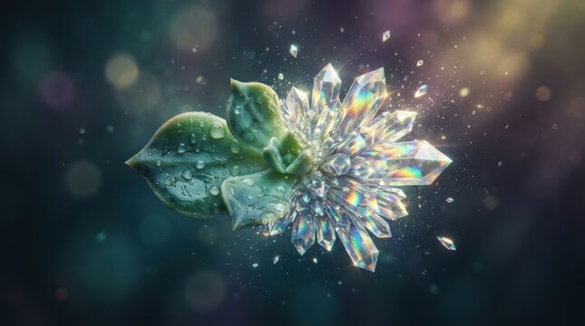 Succulent plant merging with iridescent sparkling crystals