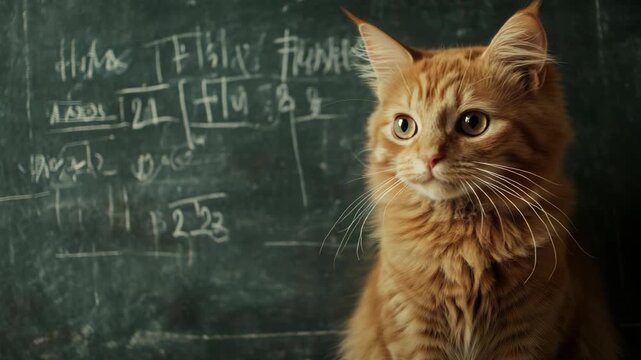 A curious cat sitting in front of a chalkboard with mathematical equations written on it.
