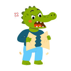 Obraz premium Upset crocodile angrily ripping a sheet of paper into pieces.