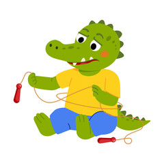 Naklejka premium Injured crocodile sewing and repairing its torn tail with thread and needle.