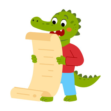 Crocodile holding and reading a long paper scroll with focused attention.