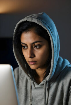 Young indian woman in a gray hoodie focused on a laptop screen in a dark room, cybersecurity and technology