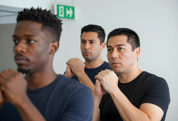 Obraz premium Diverse group of men with serious expressions and clasped hands in a classroom or training setting, the individuals appear focused and attentive, a learning or professional development