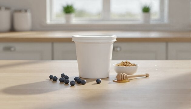 Glossy white dairy jar with fresh blueberries on a sunlit farmhouse kitchen counter