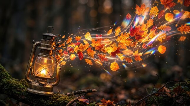 Vintage lantern glowing in autumn forest with swirling colorful fall leaves