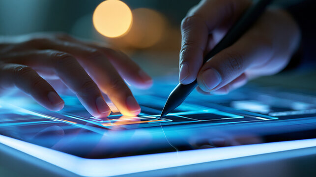 Low code no code development platform concept with close-up of hand using stylus on digital interface, workflow automation and rapid software development theme, defocused