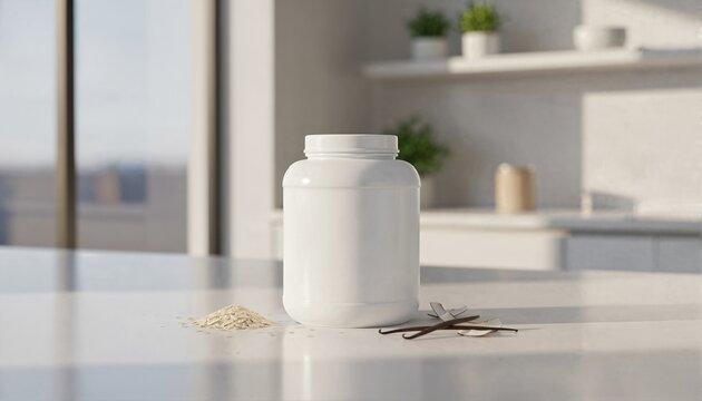 Glossy white protein supplement jar on a minimalist kitchen island with raw oats