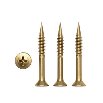 Three gold screws with a brass ball on white