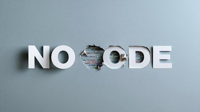 No code text banner concept, word carved out of gray background revealing programming code script underneath, low code development illustration, with copy space