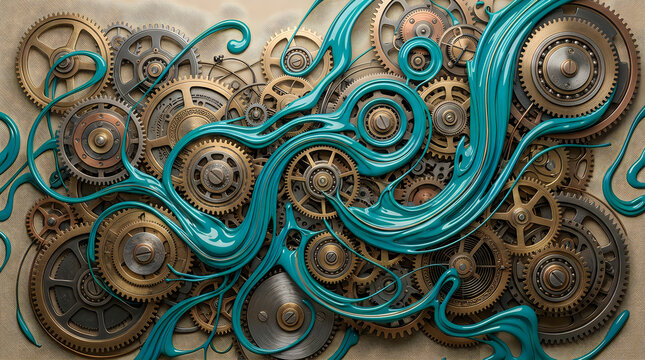 Metallic clockwork gears covered with flowing blue and green liquid paint abstract background
