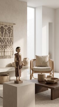 A handcrafted Ambalabu doll displayed on a modern pedestal in an elegant minimalist living room, surrounded by neutral furniture, natural materials, and soft daylight.