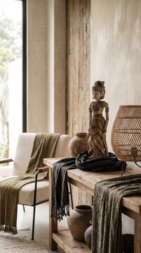 An Ambalabu doll styled as a decorative accent in a sophisticated contemporary home, featuring warm neutral tones, textured fabrics, natural wood, and soft window light.