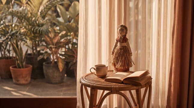 An Ambalabu doll displayed on a small wooden side table beside books and a ceramic cup, illuminated by warm afternoon sunlight in a cozy tropical-inspired interior.